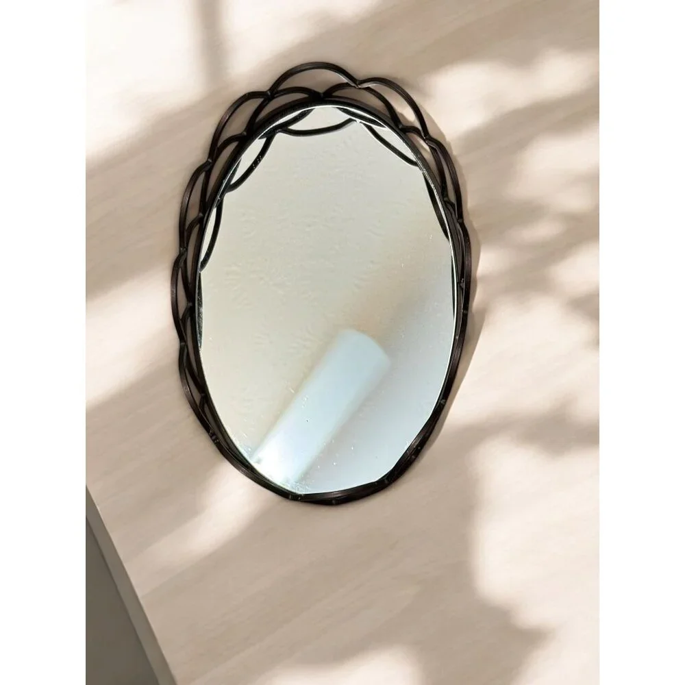 Oval Metal Vanity Mirror Tray With Decorative Wavy Edge Design